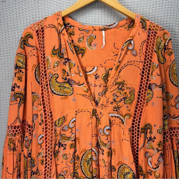 Free People Orange Just The Two Of Us Paisley Printed Tunic Dress Boho Fairy Med - Picture 2 of 9